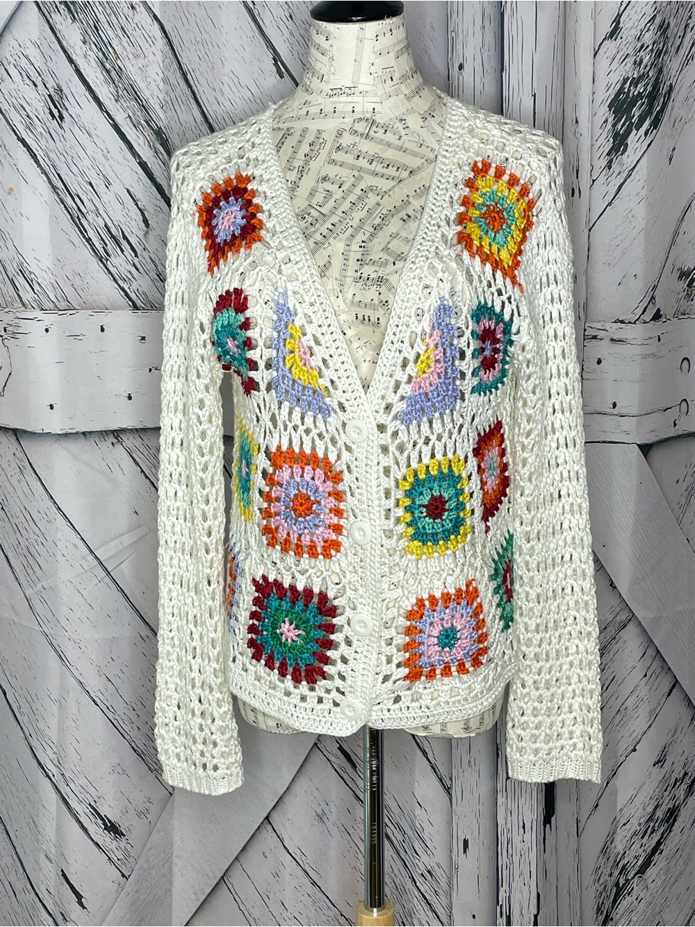 Cotton Emporium Granny Square Patchwork Cardigan Sweater V-Neck XL